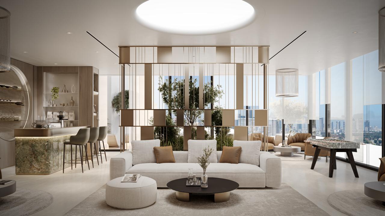 Pearl House 4 By Imtiaz Modern living room with a light color scheme, elegant furniture, large windows, and greenery accents.